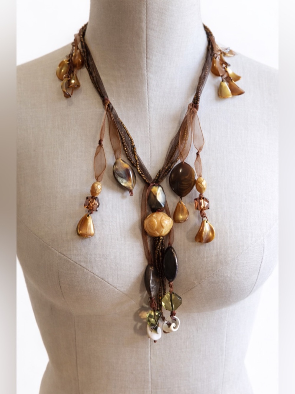 Artisan Boho Statement Necklace • Amber Glass, Organza Ribbon, Shell & Tassel